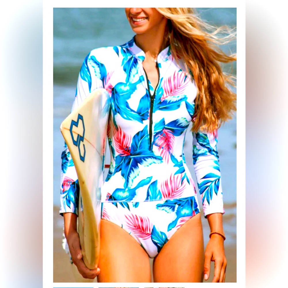 Funnygirl Tropical Rash Guard Swimsuit Womens Medium White Blue Palm Vacation